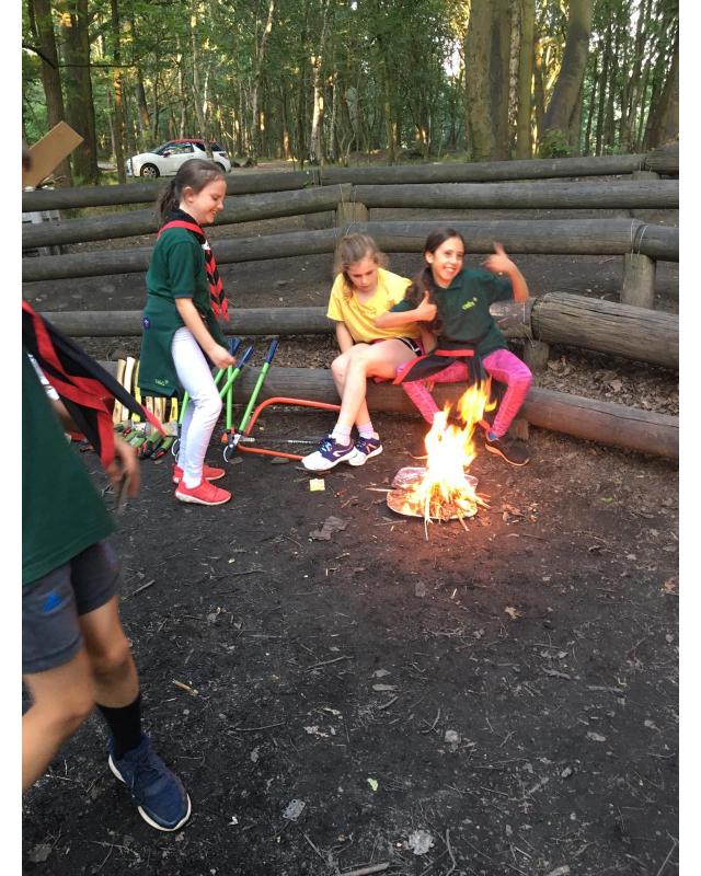 Girl cubs round open fire